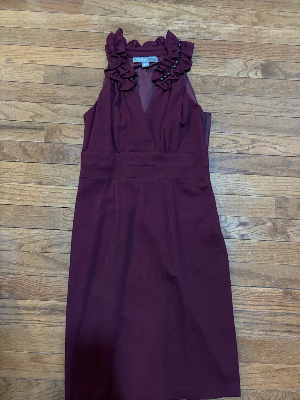Donna Ricco Burgundy Ruffled Neck Midi Dress
